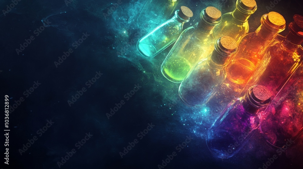 Colorful glass bottles glowing against a dark, cosmic background. Colorful glass bottles glowing against a dark, cosmic background.