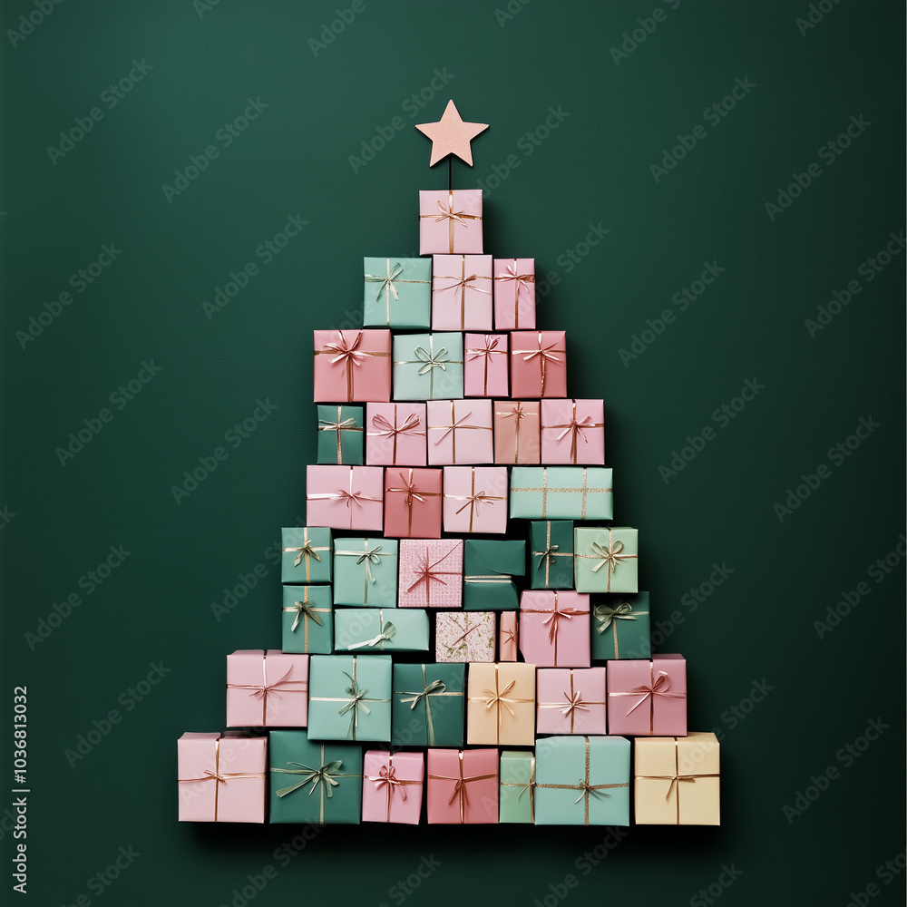 An aesthetic photo features Christmas gift boxes stacked in the shape of a tree, wrapped in colorful kraft paper and tied with red or green twine against an green background. background. An aesthetic photo features Christmas gift boxes stacked in the shape of a tree, wrapped in colorful kraft paper and tied with red or green twine against an green background. background.