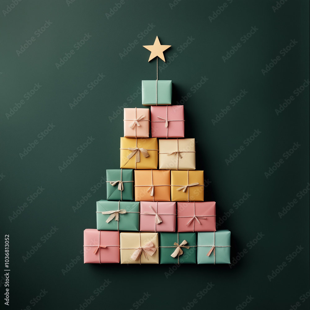 An aesthetic photo features Christmas gift boxes stacked in the shape of a tree, wrapped in colorful kraft paper and tied with red or green twine against an green background. background. An aesthetic photo features Christmas gift boxes stacked in the shape of a tree, wrapped in colorful kraft paper and tied with red or green twine against an green background. background.