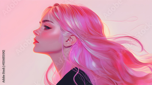 Wallpaper Mural Soft Illustration of Woman with Long Pink Hair
 Torontodigital.ca