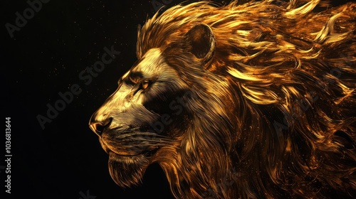 A majestic lion's head rendered in golden hues, exuding power and elegance.