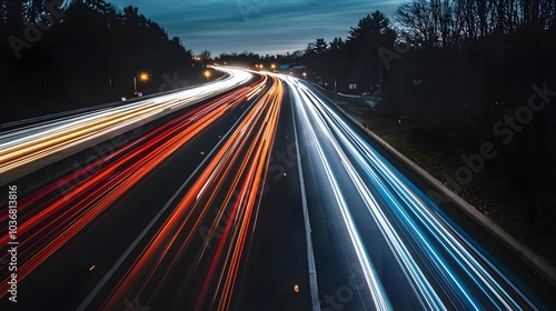 Urban Velocity: A long exposure shot of a multi-lane superhighway at night, with streaks of headlights and taillights creating a dynamic visual flow. 