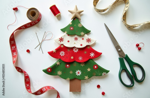 Sewn from scraps of fabric Christmas tree craft project with decorative supplies on a white background.