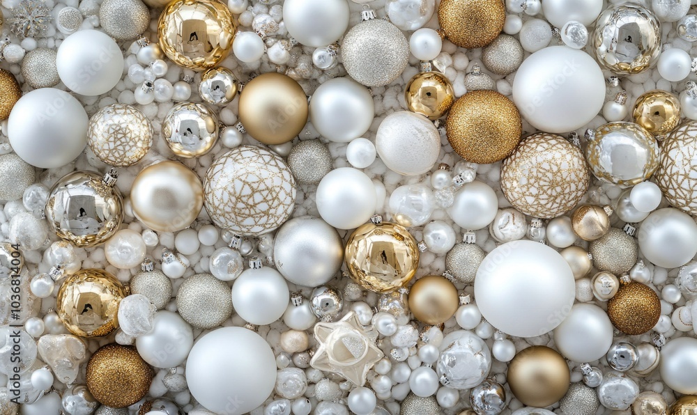 A large pile of white and gold ornaments A large pile of white and gold ornaments