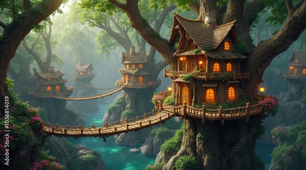 Obraz premium A whimsical treehouse village built high up in massive trees, featuring rope bridges connecting the houses.