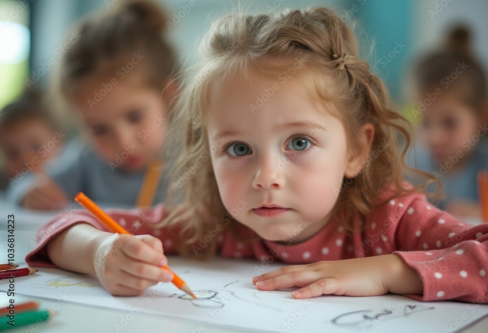 A young girl intensely focused on drawing with a pencil, showcasing creativity and concentration during a quiet moment. A young girl intensely focused on drawing with a pencil, showcasing creativity and concentration during a quiet moment.