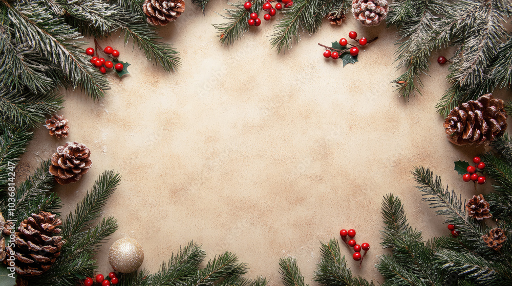 A festive Christmas frame with pine branches, red berries, pine cones, and a gold ornament on a beige background. Holiday card, invitation, copy space. A festive Christmas frame with pine branches, red berries, pine cones, and a gold ornament on a beige background. Holiday card, invitation, copy space.