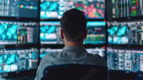 A trader monitors multiple computer screens displaying financial data, analyzing market trends, and making investment decisions in a busy office.