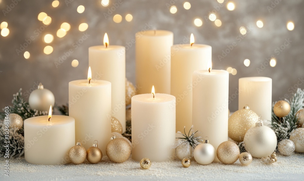 A table is covered with candles and gold ornaments A table is covered with candles and gold ornaments
