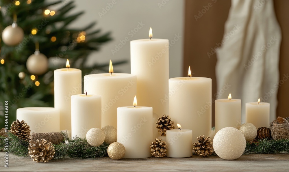 A table is covered with candles and pine cones, creating a warm A table is covered with candles and pine cones, creating a warm