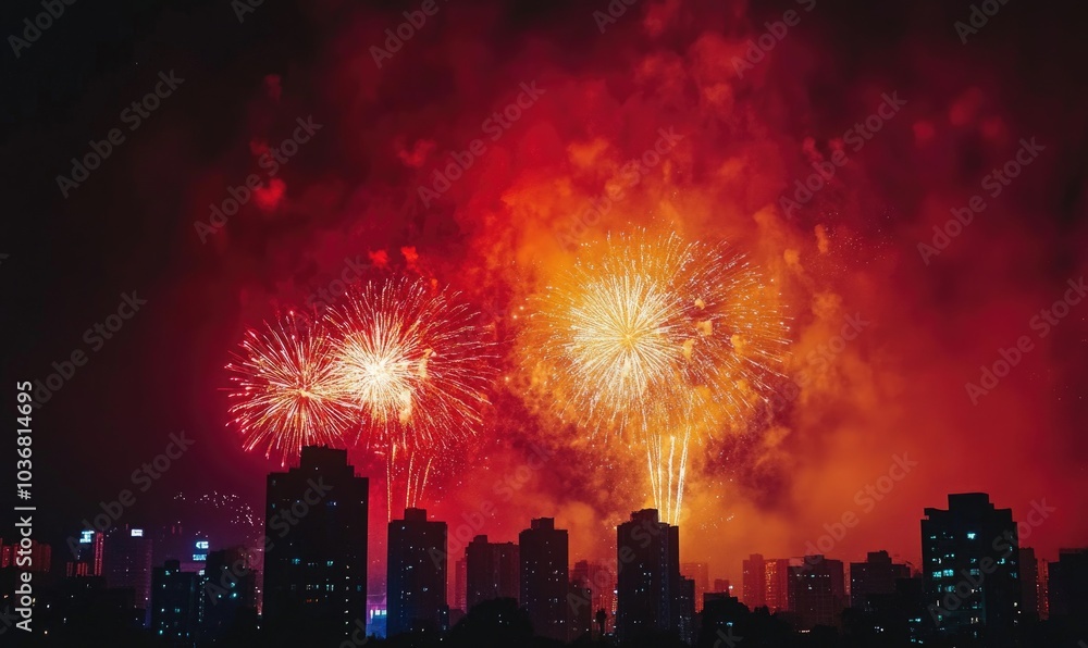 The sky is lit up with fireworks, creating a festive atmosphere The sky is lit up with fireworks, creating a festive atmosphere