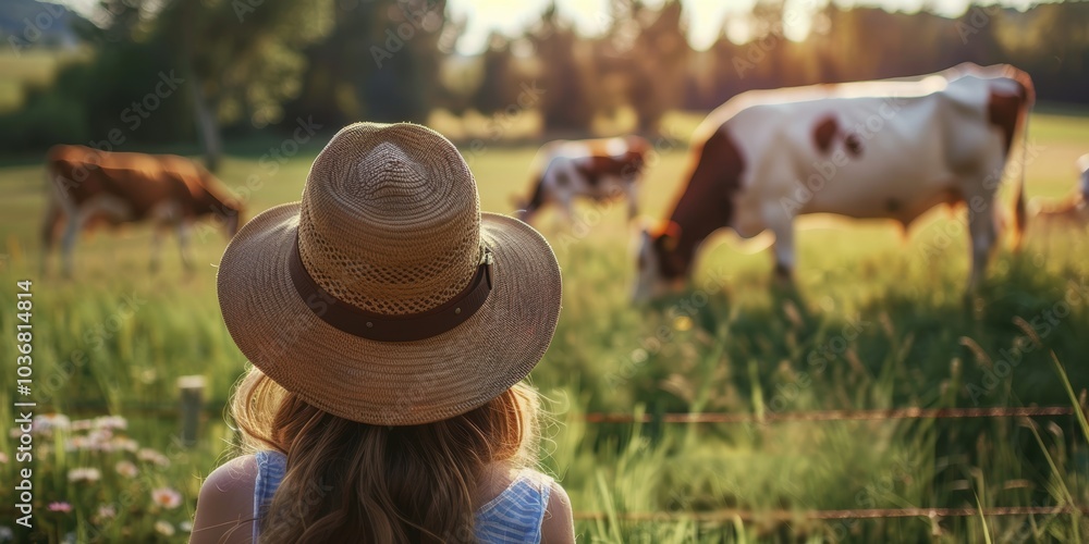 Young girl discovering farming and nature on a livestock farm, viewed ...