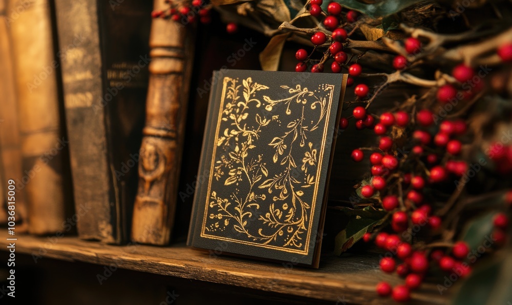 Fototapeta premium A book with a gold leaf design sits on a shelf next to a bunch of red berries