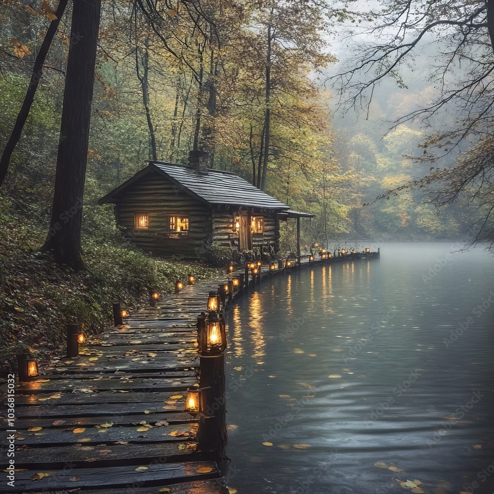 Fototapeta premium Serene cabin by a misty lake, illuminated by lanterns along the path.