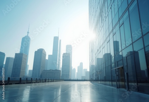 A group of modern skyscrapers in a downtown business district, reflecting bright sunlight off their glass surfaces.