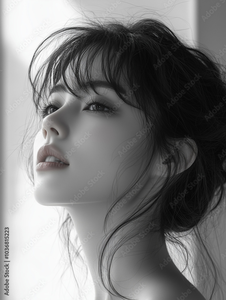 Naklejka premium A serene portrait of a young Korean woman with soft features against natural light, showcasing her contemplative expression during a quiet moment