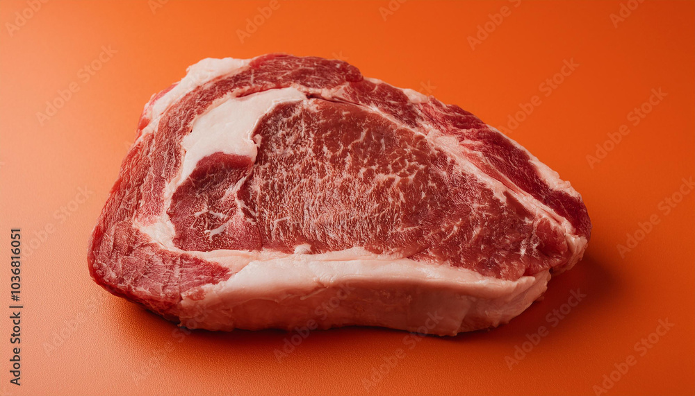 Fototapeta premium Raw ribeye steak on orange background. Fresh meat. Natural product.
