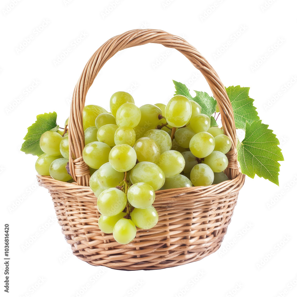Fresh green grapes in a woven basket adding vibrant color against a clean transparent background, Fresh green grapes in basket on transparent background Fresh green grapes in a woven basket adding vibrant color against a clean transparent background, Fresh green grapes in basket on transparent background