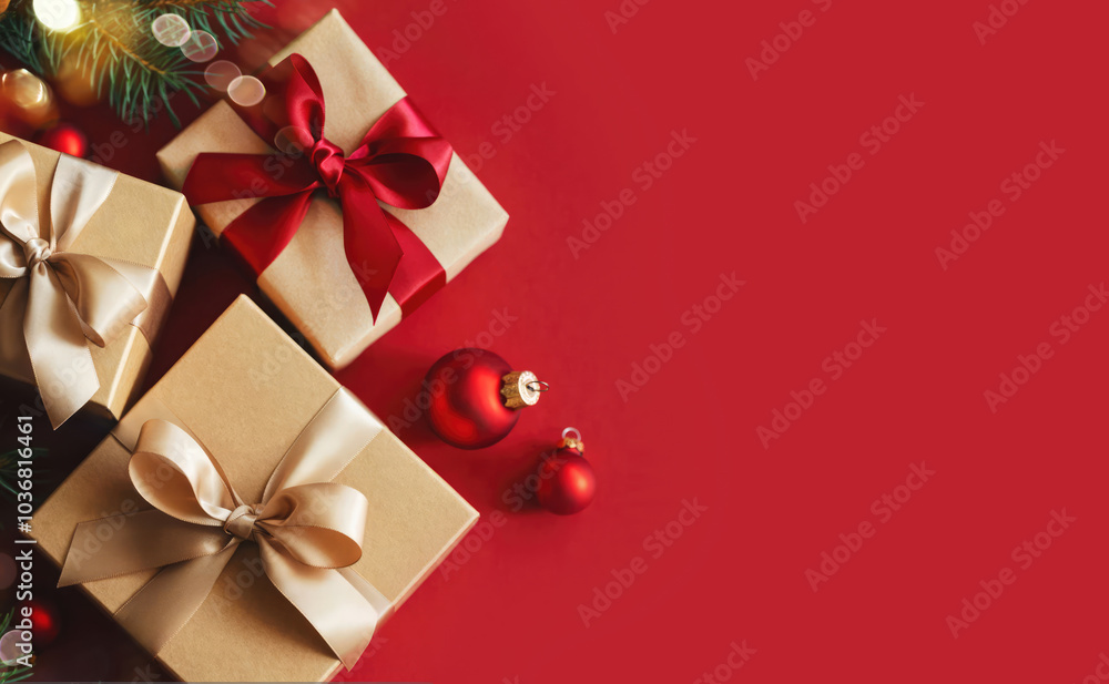 Christmas gift, present boxes ornaments for decoration isolated on a red background. Christmas and New Year concept. Christmas gift, present boxes ornaments for decoration isolated on a red background. Christmas and New Year concept.