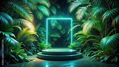 Vibrant neon podium shining in tropical jungle at night