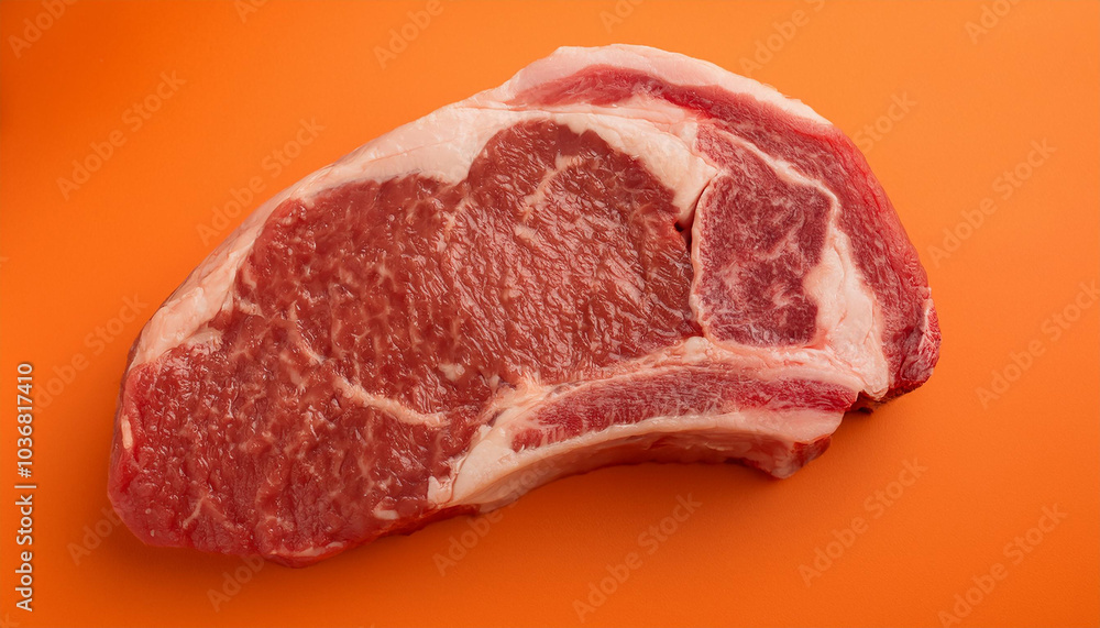 Raw ribeye steak on orange background. Fresh meat. Natural product. Raw ribeye steak on orange background. Fresh meat. Natural product.