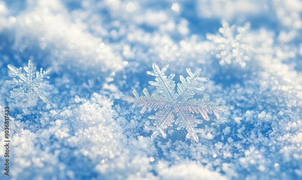 A snowflake is on top of a blue snow covered ground A snowflake is on top of a blue snow covered ground