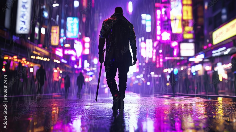 A highly stylized cyberpunk samurai walking through neon-lit streets, vibrant purples and blues reflecting off his gleaming katana, with rain shimmering in the electric glow A highly stylized cyberpunk samurai walking through neon-lit streets, vibrant purples and blues reflecting off his gleaming katana, with rain shimmering in the electric glow