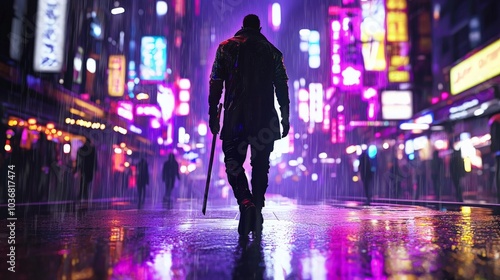 A highly stylized cyberpunk samurai walking through neon-lit streets, vibrant purples and blues reflecting off his gleaming katana, with rain shimmering in the electric glow