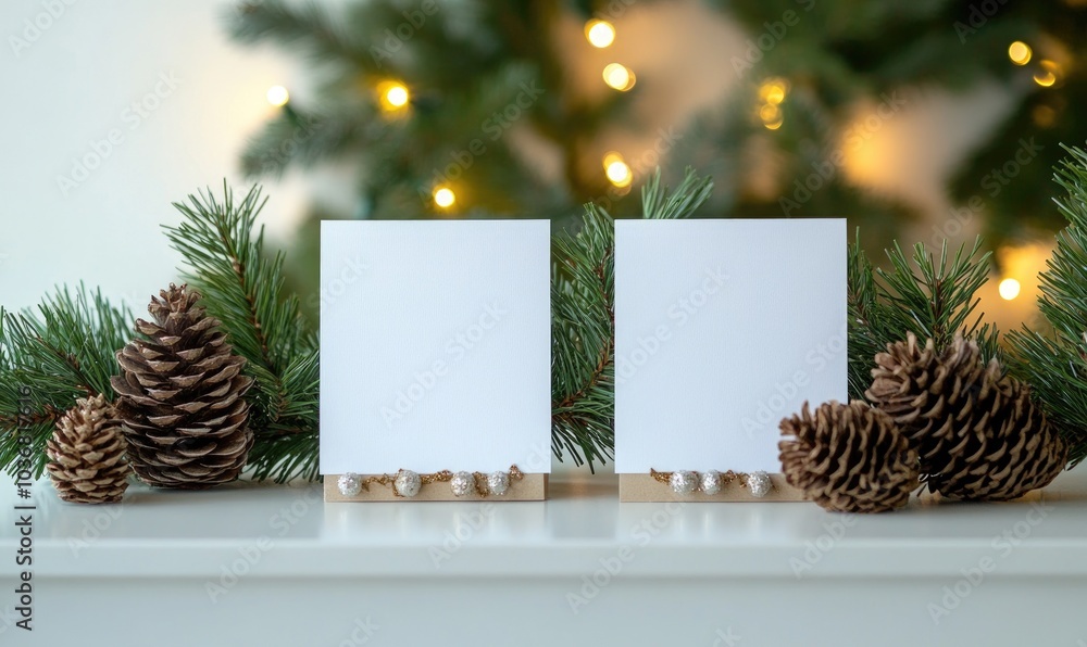 Two white cards with a silver border sit on a table next to pine cones Two white cards with a silver border sit on a table next to pine cones