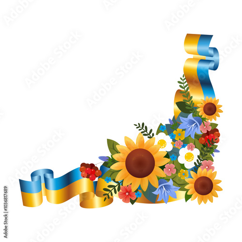 Ukrainian Flag and Floral Corner. decorative element with Sunflowers, Kalyna, and Bellflowers 