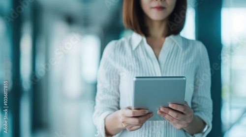 Businesswoman using digital tablet in modern office setting, focusing on technology and communication in a professional environment.