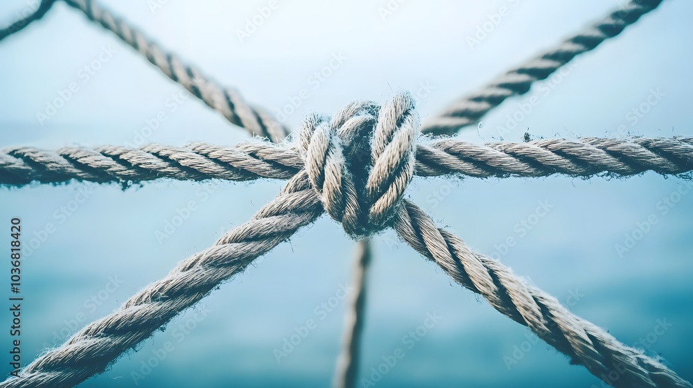 Complex web of interconnected ropes symbolizing intricate business relationships and antitrust challenges, with a focused foreground rope representing the effort to break monopolies.