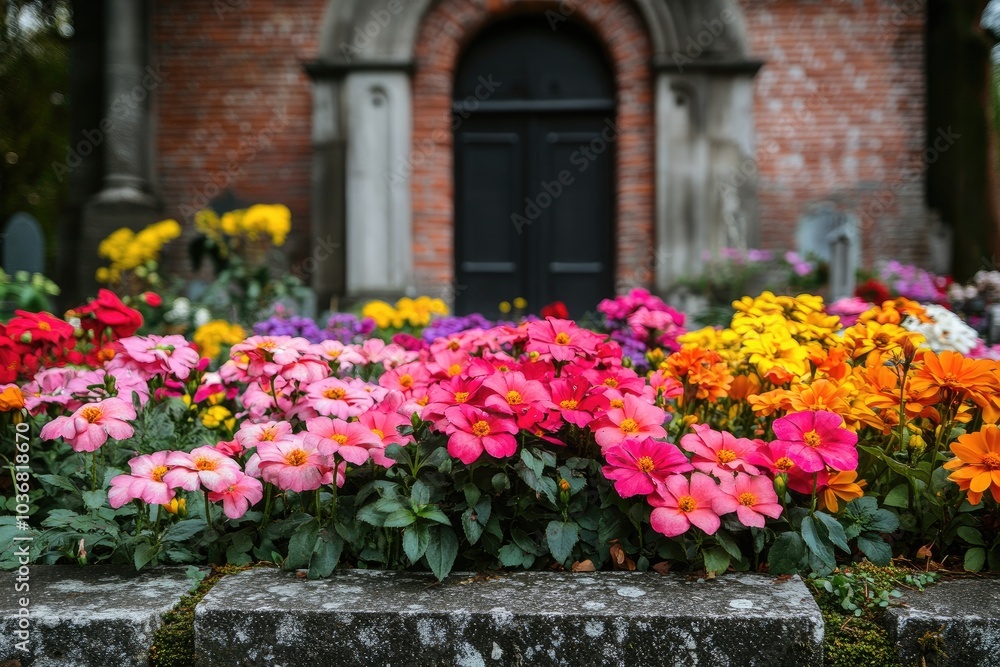 Colorful flowers blooming in front of church entrance Colorful flowers blooming in front of church entrance