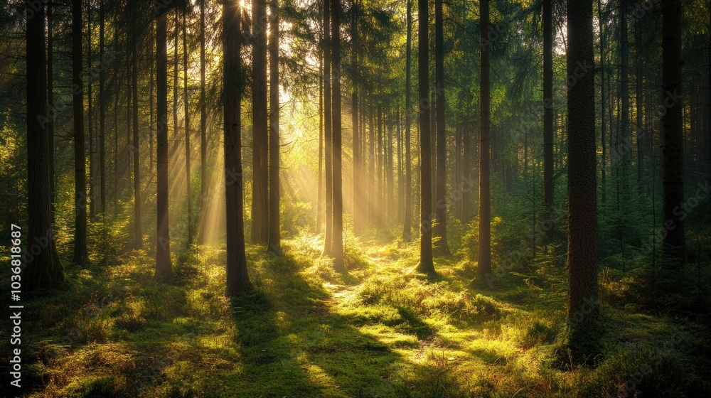 Fototapeta premium Sunbeams Through a Forest