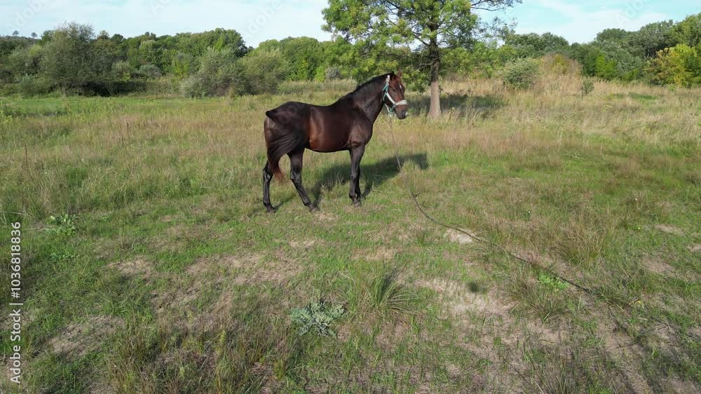 A dark brown horse standing in a grassy field, with a lush green forest in the background, on a sunny day in a peaceful countryside environment, aerial view A dark brown horse standing in a grassy field, with a lush green forest in the background, on a sunny day in a peaceful countryside environment, aerial view