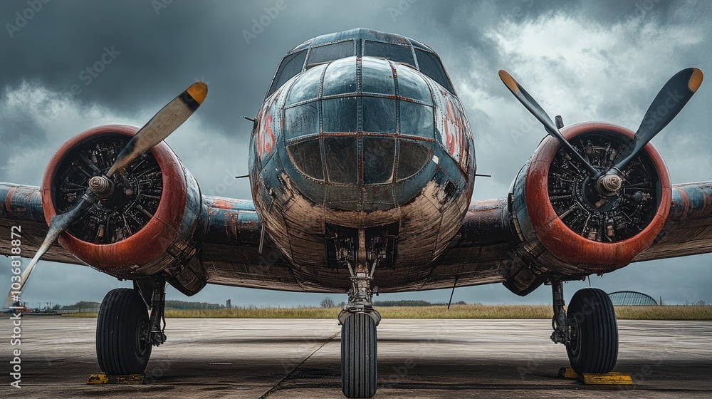 Fototapeta premium Old vintage airplane standing on a concrete airfield with cloudy sky