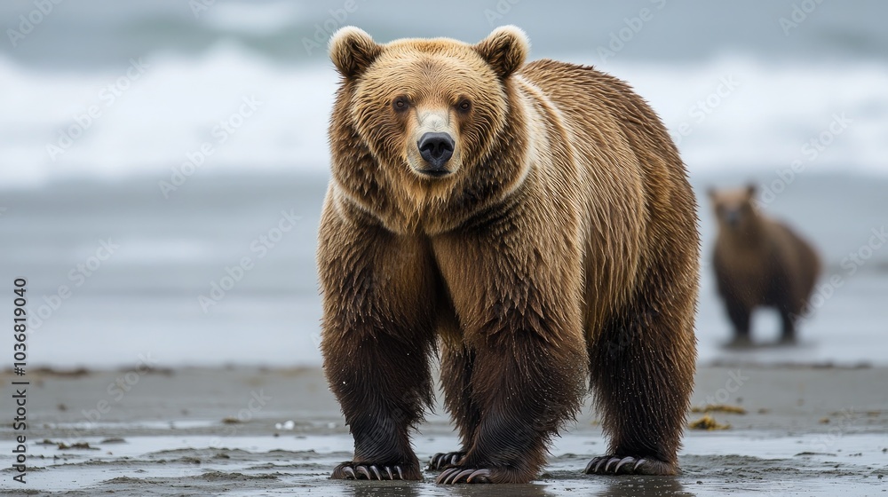 Obraz premium Large brown bear standing on beach with cub in background