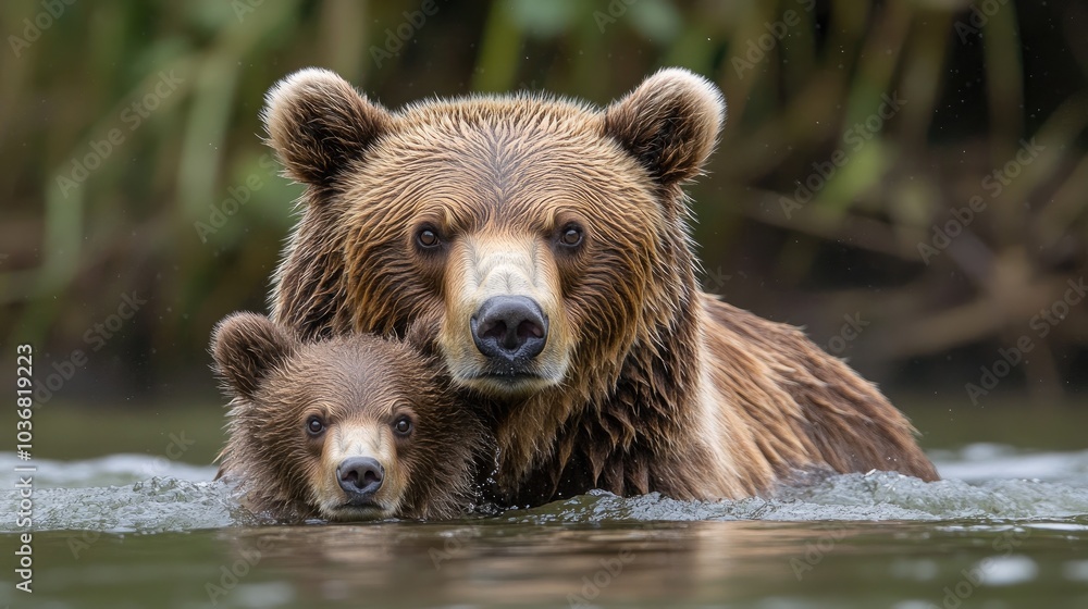 Fototapeta premium Brown bear mother and cub swimming in river