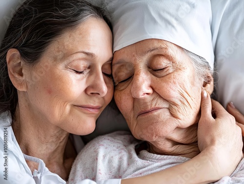 A hospice patient with cancer being comforted by a nurse, the room softly lit, creating an atmosphere of peace and compassion as they share a quiet moment together