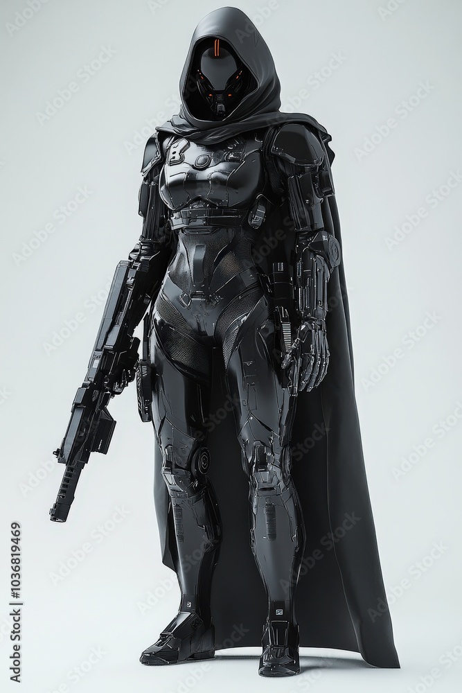Futuristic Soldier. Female Cyborg Warrior in Black Armor Suit with Assault Gun. Sci-Fi Military Shooter Concept Futuristic Soldier. Female Cyborg Warrior in Black Armor Suit with Assault Gun. Sci-Fi Military Shooter Concept