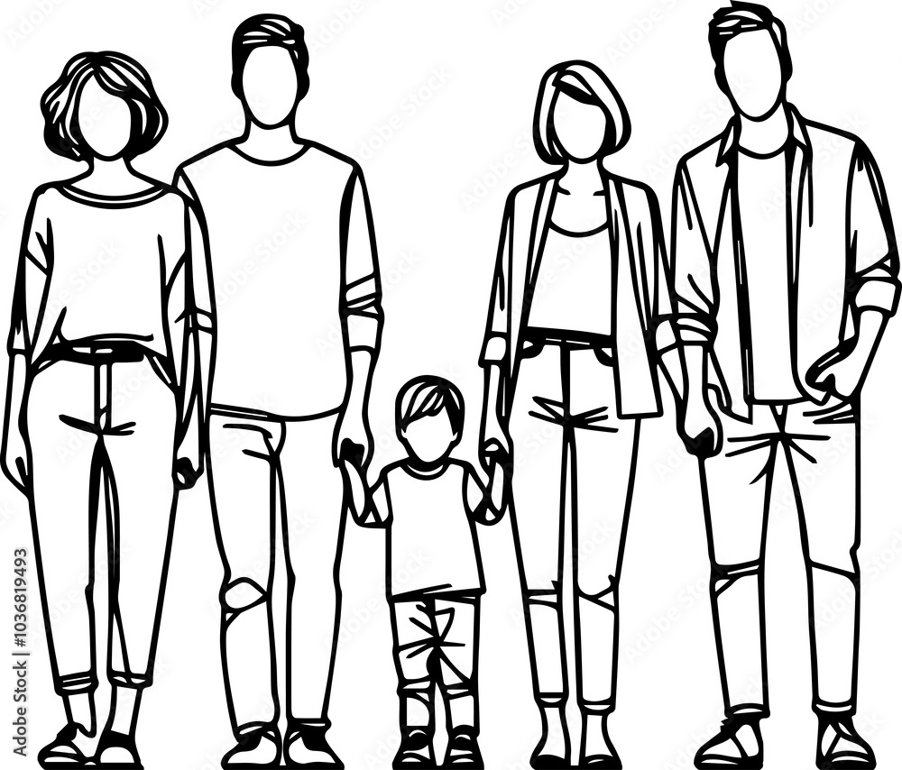 Black Line Art Happy Family Activity Art Hand Drawn Illustration Black Line Art Happy Family Activity Art Hand Drawn Illustration