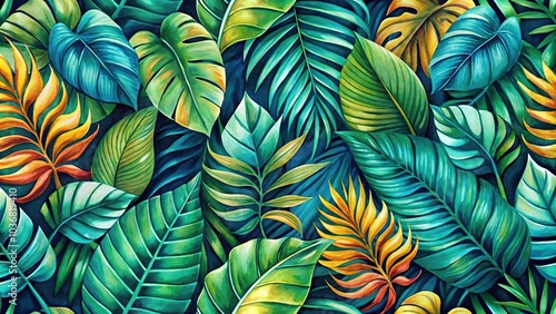 tropical foliage pattern in gouache paint close-up