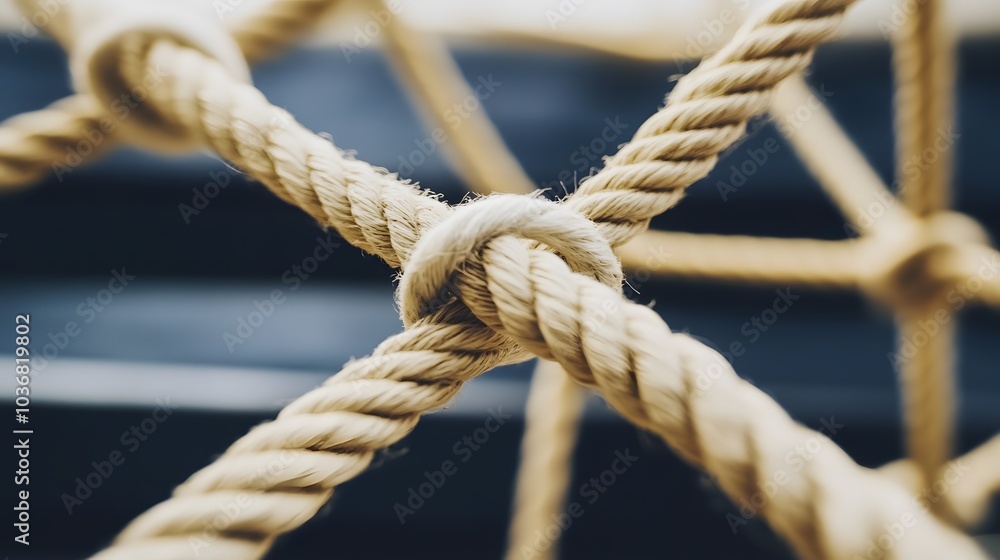 Complex web of interconnected ropes symbolizing intricate business relationships and antitrust challenges, with a focused foreground rope representing the effort to break monopolies.