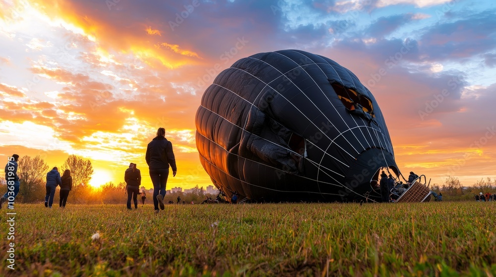 Obraz premium A hot air balloon crash in an open field, with the deflated balloon draped over trees and people running toward the wreckage under a pastel sky
