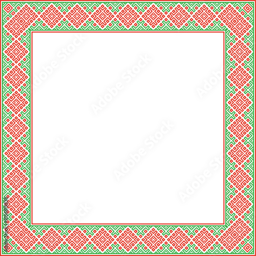 Vector red green square belarusian national ornament frame. Ethnic pattern rectangle of Slavic peoples, Russian, Ukrainian, Serb, Pole, Bulgarian. Cross stitch template
