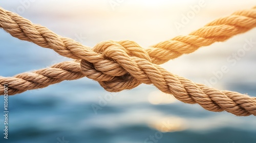 Complex web of interconnected ropes symbolizing intricate business relationships and antitrust challenges, with a focused foreground rope representing the effort to break monopolies.