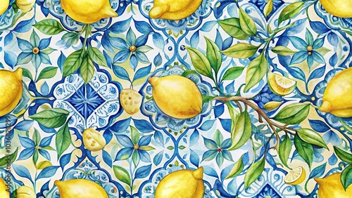 Vintage watercolor seamless pattern with lemons and blue motifs