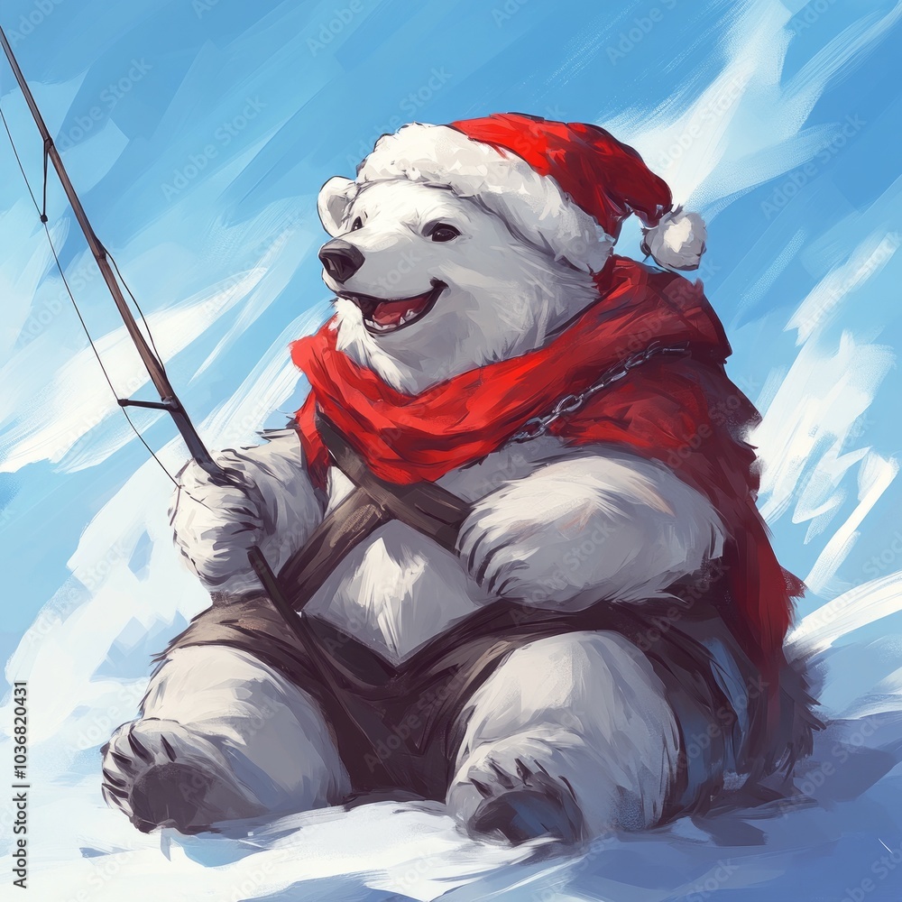 A cheerful polar bear in a Santa hat, fishing in a snowy landscape. A cheerful polar bear in a Santa hat, fishing in a snowy landscape.