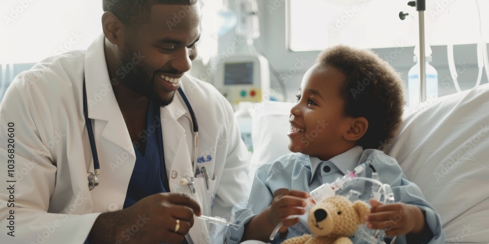Child in recovery playing with teddy bear and stethoscope, engaging in activities with a medical professional for rehabilitation and emotional support Child in recovery playing with teddy bear and stethoscope, engaging in activities with a medical professional for rehabilitation and emotional support