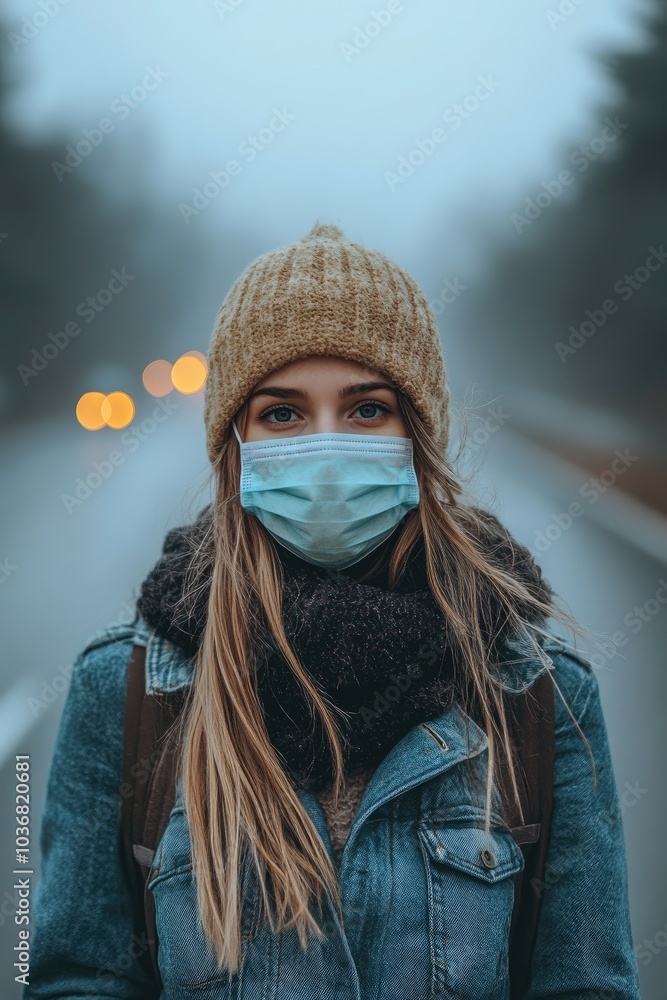 Young woman wearing protective face mask standing on road during foggy weather Young woman wearing protective face mask standing on road during foggy weather